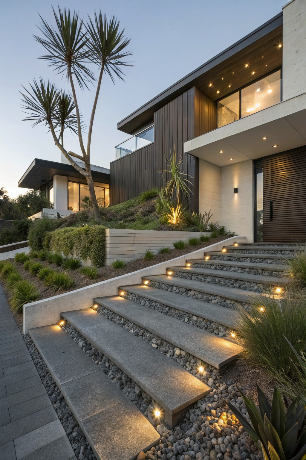 Modern two-story house on a grassy slope with wide gray concrete steps bordered by pebbles and grasses, illuminated by recessed lights, leading to a dark wood entry door flanked by plants and palms.