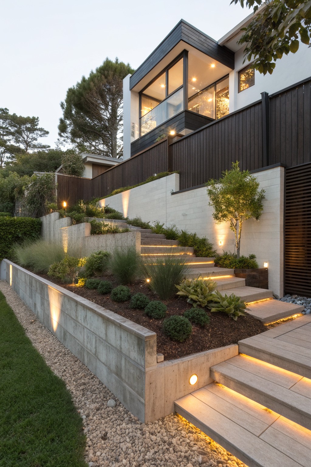 Modern hillside home with concrete retaining walls, planted beds of grasses and shrubs, and wooden steps lined with LED lights ascending the slope to the house entrance.