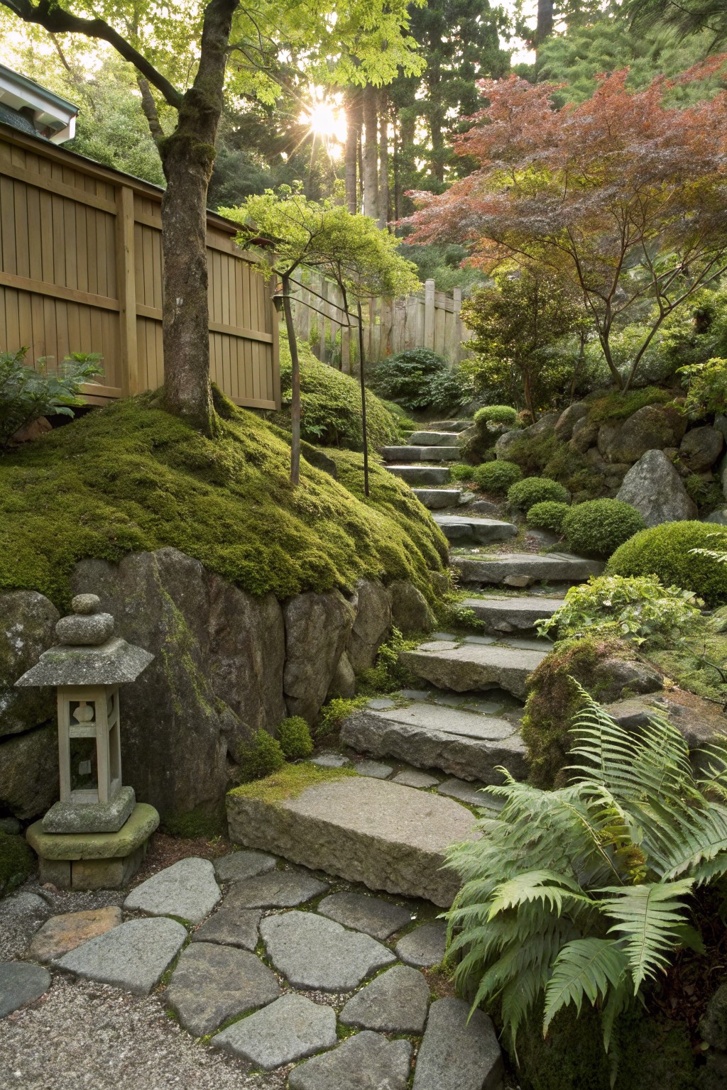 A winding pathway of irregular gray stone steps ascends a moss-covered rocky slope in a lush garden with green ferns, clipped shrubs, mossy boulders, a stone lantern, and surrounding trees and wooden fencing.