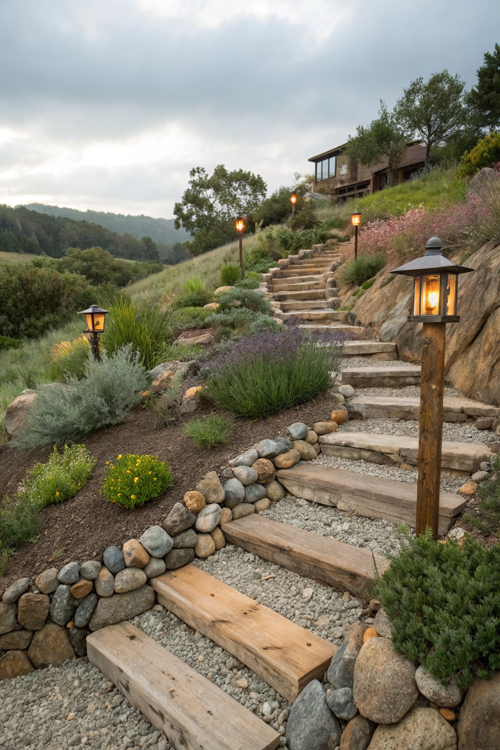 Winding stone steps with wooden treads and gravel risers ascend a rocky slope, edged by plants, shrubs, and lantern lights, leading toward a house in a hilly landscape.