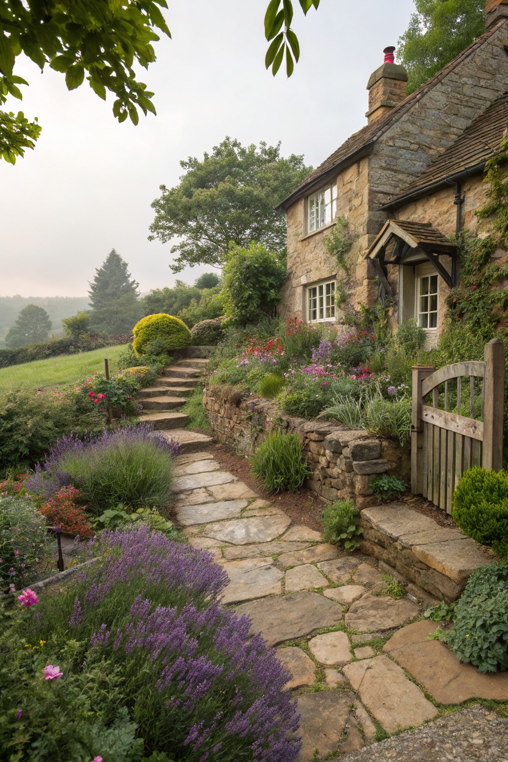 Stone cottage on a slope with terraced steps, winding flagstone path lined with lavender and perennials, wooden gate, stone walls, and surrounding trees in morning mist.