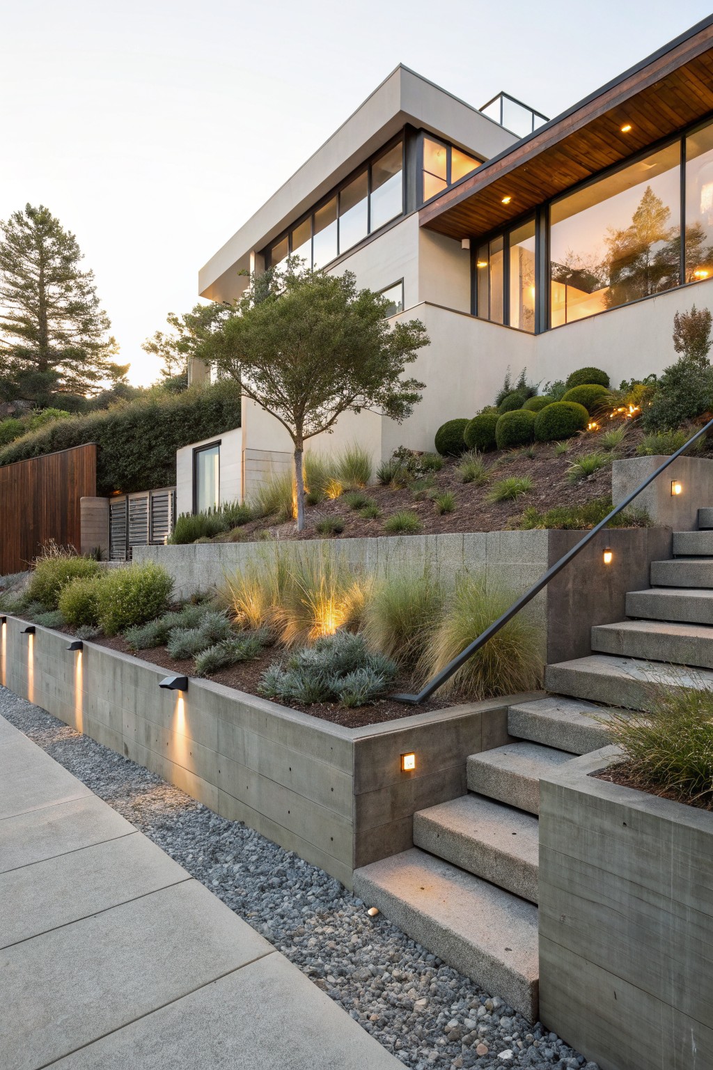 Modern beige house on a hillside with concrete retaining walls forming terraced planting beds filled with grasses and shrubs, concrete steps with integrated lighting, and a gravel-edged pathway.