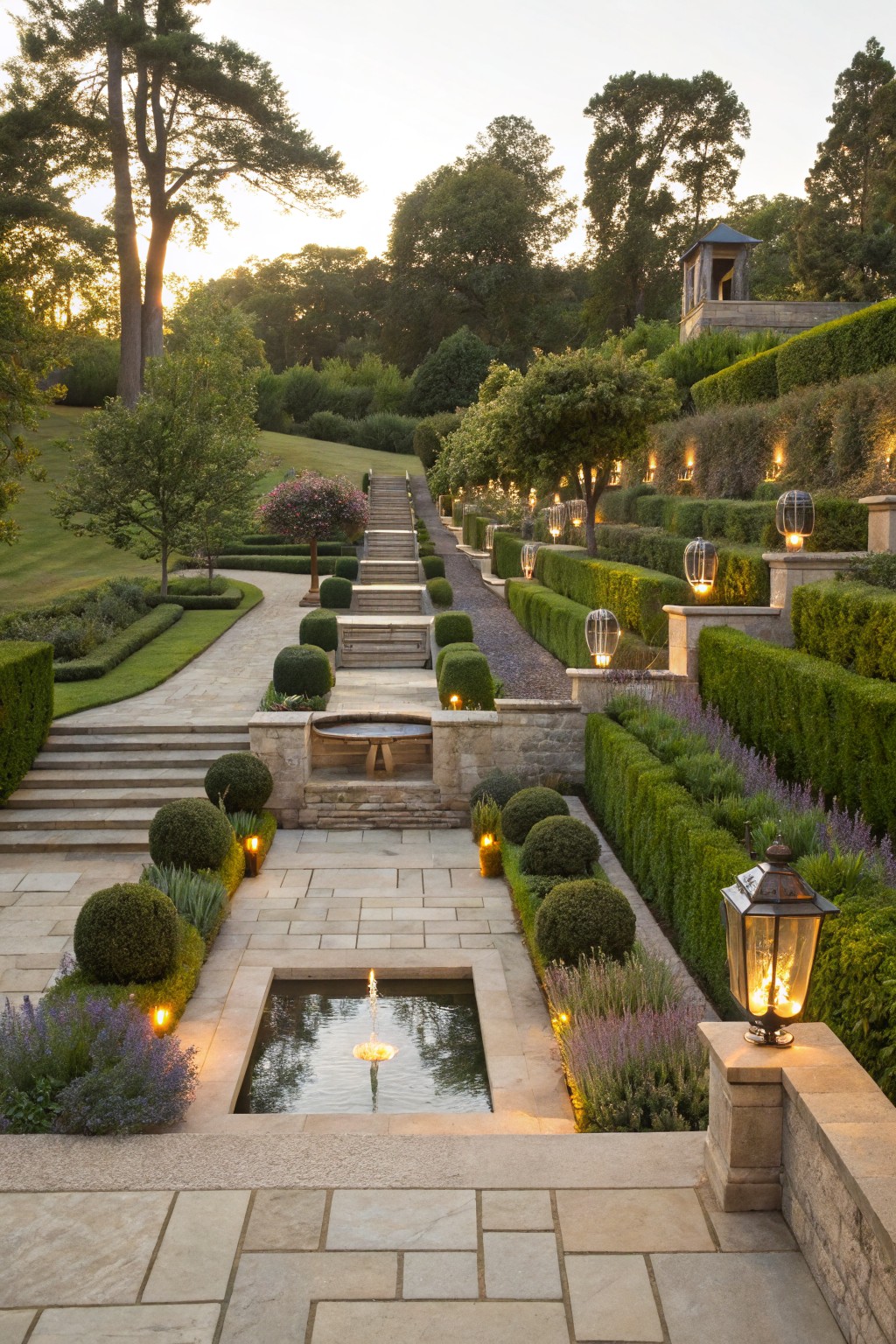 Aerial view of a sloped formal garden with wide central stone steps flanked by boxwood hedges and globe lanterns, leading down to a rectangular fountain pool edged with lavender and topiary balls.