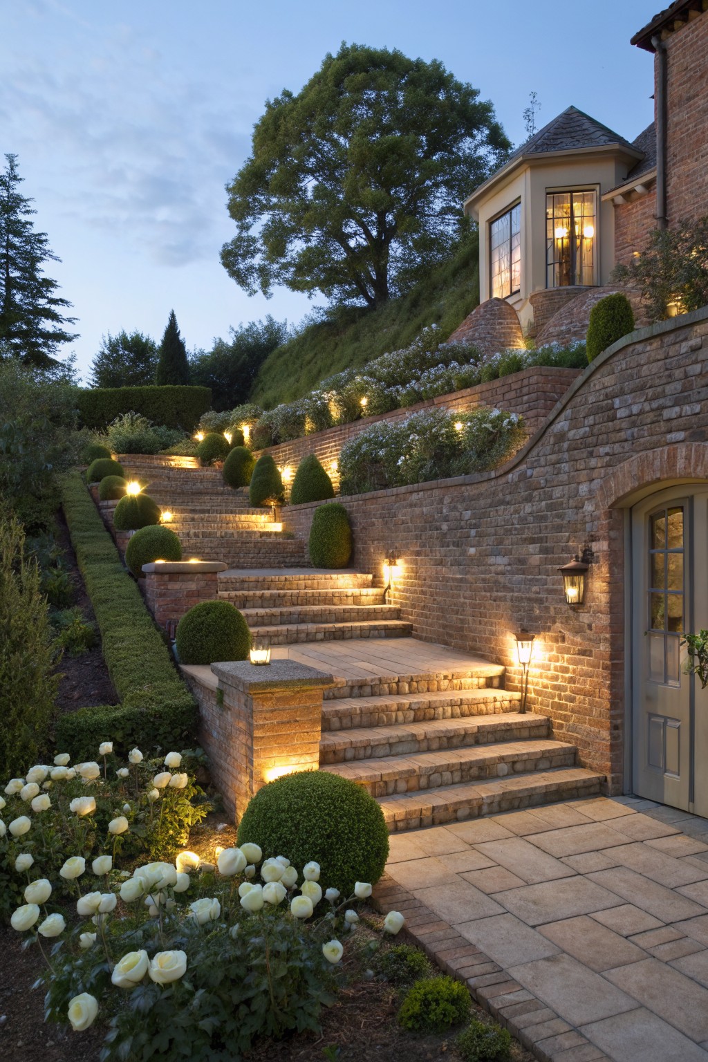 Sloped front yard with multiple tiers of wide brick steps leading up to a house entrance, bordered by brick retaining walls, boxwood shrubs, white rose bushes, and landscape lighting at twilight.