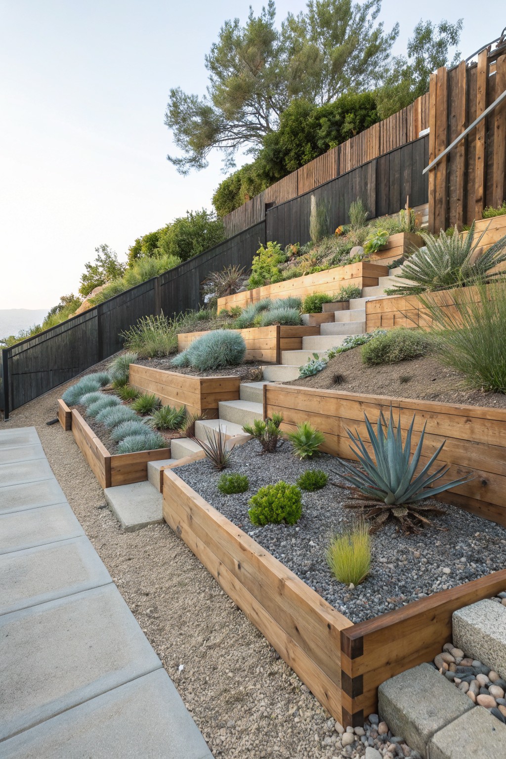 A sloped front yard with multiple tiers of wooden planters filled with succulents, agaves, grasses, and gravel mulch, concrete steps ascending beside them, and a gravel path at the base next to a wooden fence.