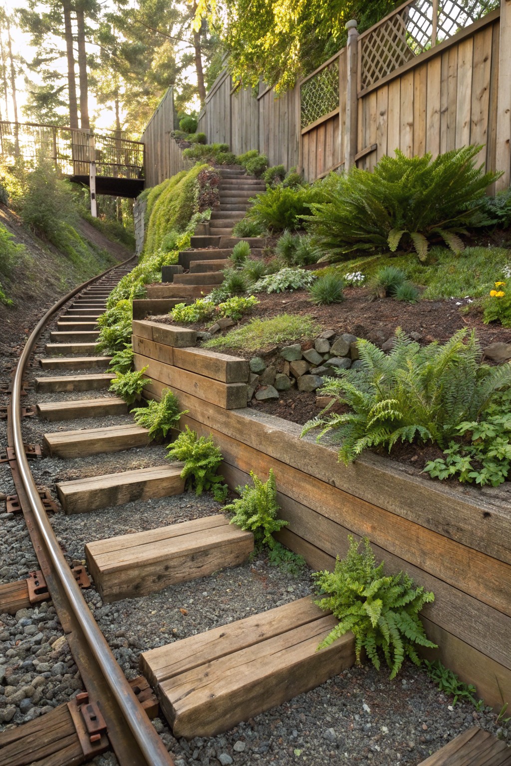 Curving wooden steps parallel to rusted train tracks on a steep slope, with wooden retaining walls, ferns, rocks, and gravel ground cover.