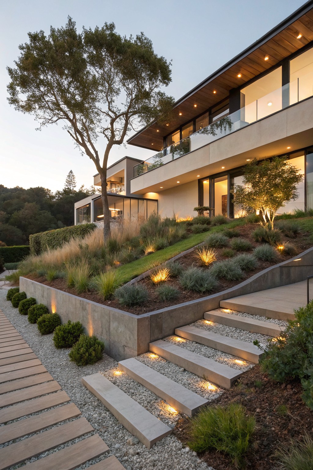 Hillside front yard with wide concrete steps illuminated from below, gravel and wooden path, grasses, boxwood shrubs, and retaining walls leading to a modern house.