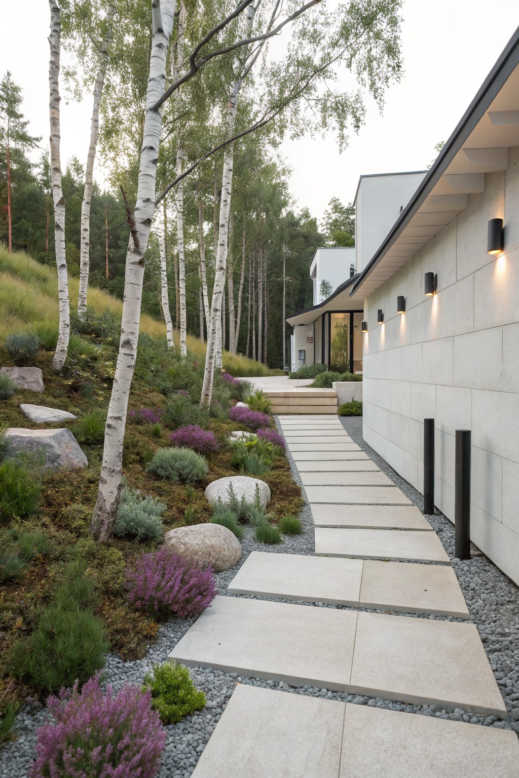 Sloped front yard garden beside a modern white house featuring a wide pathway of large rectangular stone pavers with gravel joints, bordered by birch trees, purple heather shrubs, boulders, and black cylindrical bollards.