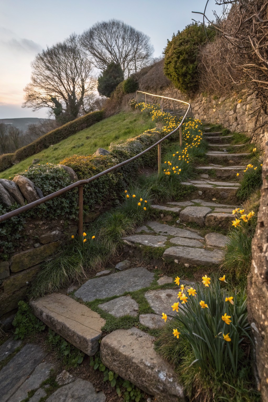 Stone steps winding up a hillside, lined with clusters of yellow daffodils along the edges, bordered by stone walls, handrails, greenery, and trees in soft evening light.