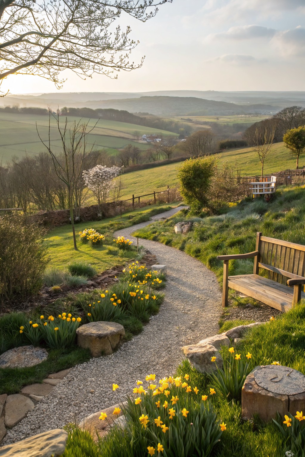 A winding gravel path edged with clusters of yellow daffodils, natural stone stools, shrubs, and grasses leading to a wooden bench on a green hillside overlooking distant fields and hills.