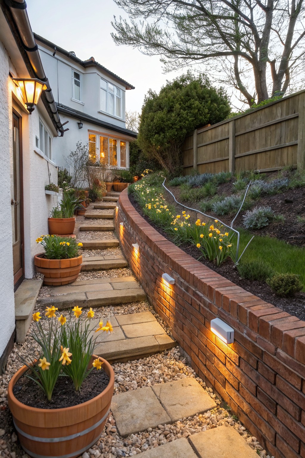 Winding stone steps ascend a sloped garden beside a white house, edged with yellow daffodils, terracotta pots, lavender plants, and a brick retaining wall with integrated lights.