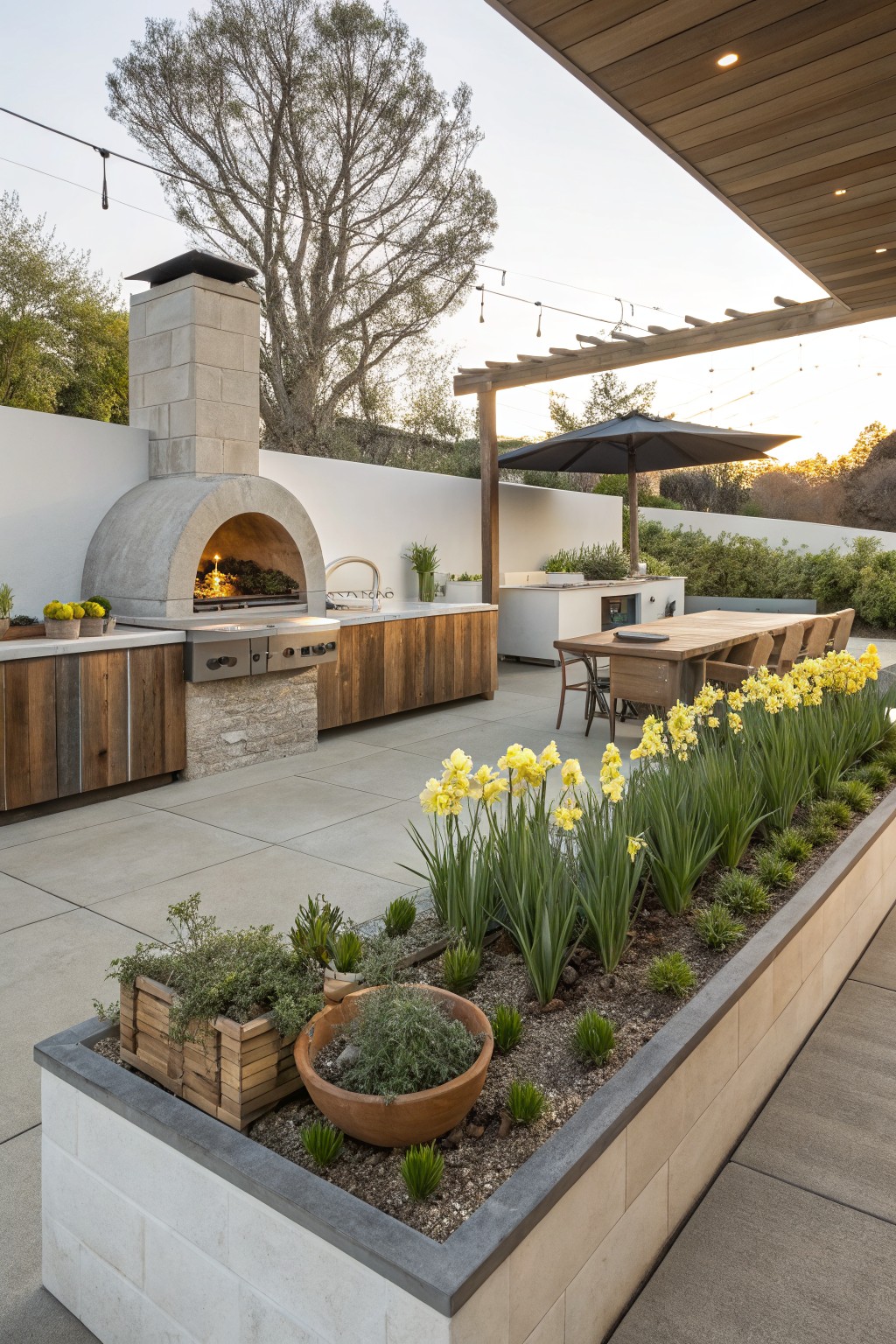 Outdoor patio with curved stone pizza oven, built-in grill and counters in wood cabinets, teak dining table and chairs, and a long raised white concrete planter bed lined with yellow daffodils along the paver edge.