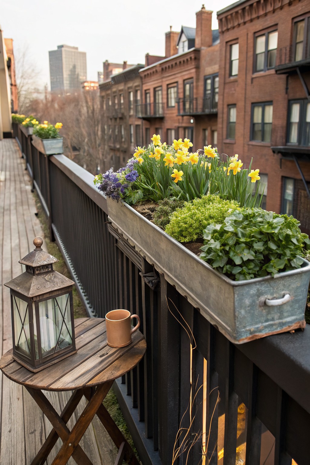Wooden balcony deck with black metal railing holding a long galvanized metal planter filled with yellow daffodils, purple flowers, and green herbs, beside a small wooden tripod table with a bronze lantern and terracotta mug, urban brick buildings in background.