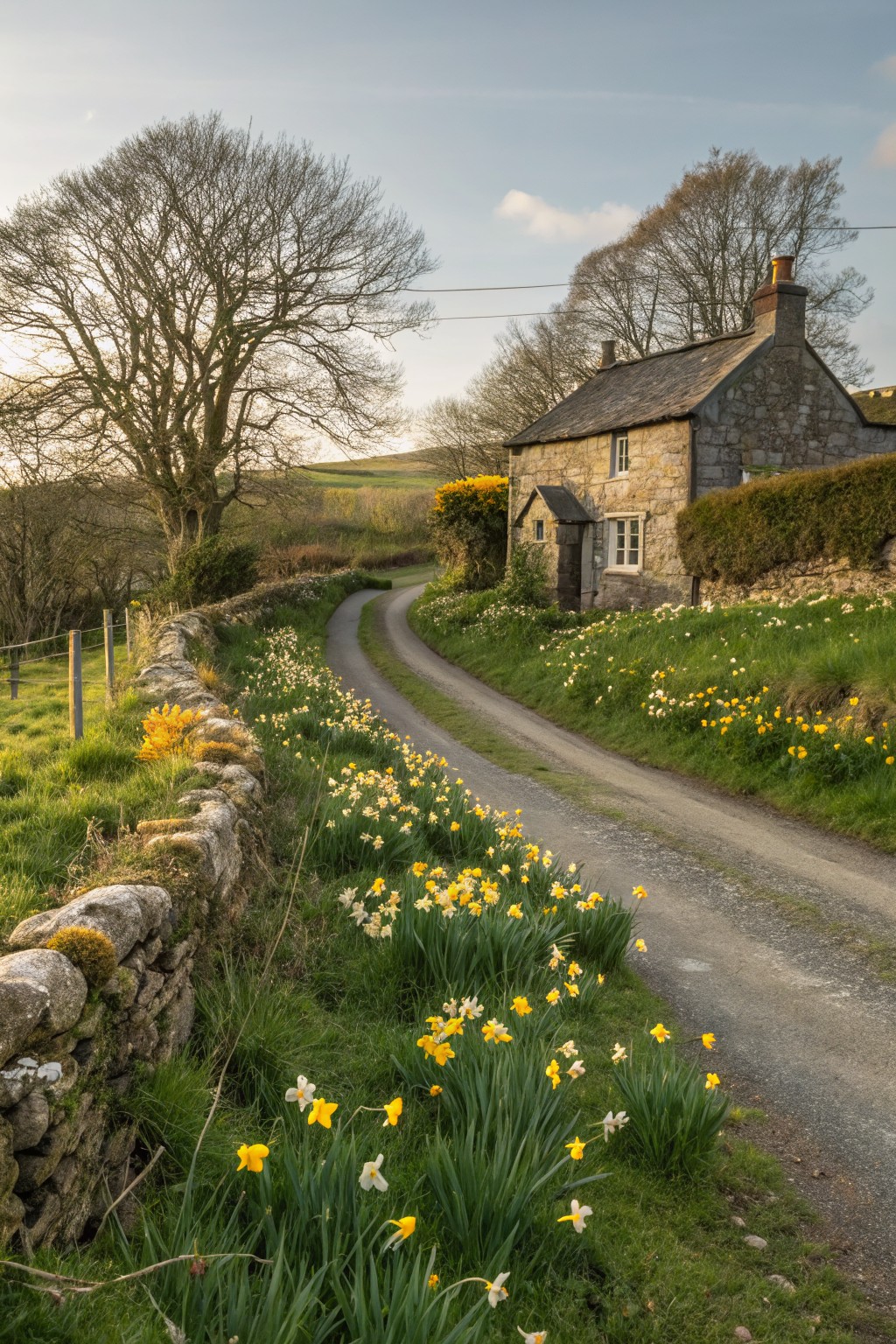 Stone cottage beside a curving gravel driveway bordered by stone walls overflowing with blooming yellow daffodils, green grass, and distant fields under a partly cloudy sky.