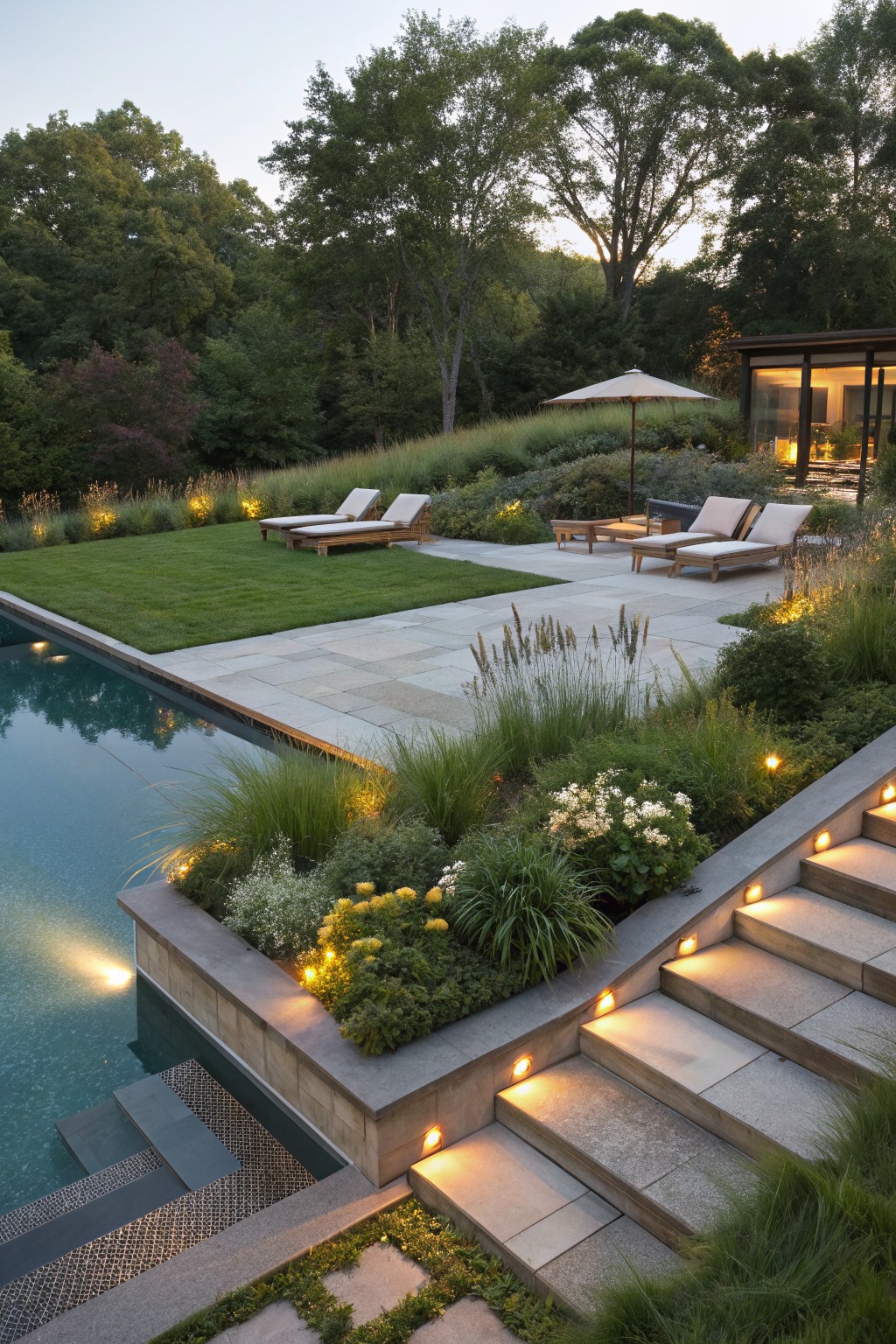 Elevated view of a rectangular pool with stone terrace, lounge chairs under an umbrella, lit steps descending to the water edged in grasses and plants, modern glass house nearby at dusk.