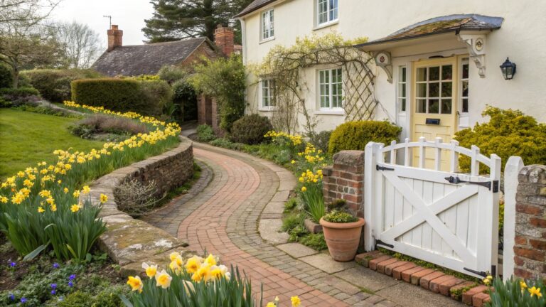A winding red brick path edged with wooden borders and yellow daffodil beds leads to a white arched gate on the side of a cream thatched cottage covered in yellow flowering vines.