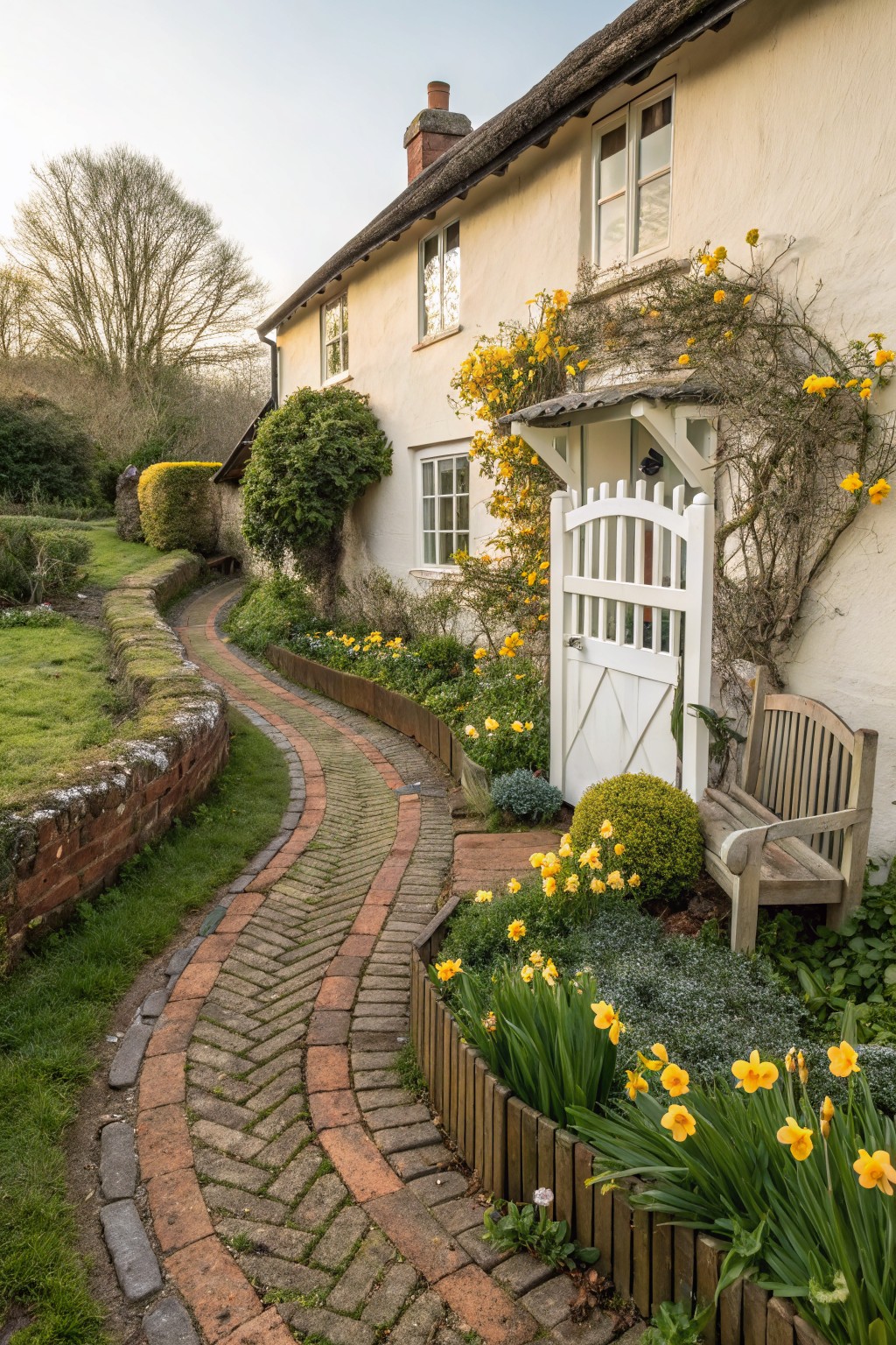 A winding red brick path edged with wooden borders and yellow daffodil beds leads to a white arched gate on the side of a cream thatched cottage covered in yellow flowering vines.