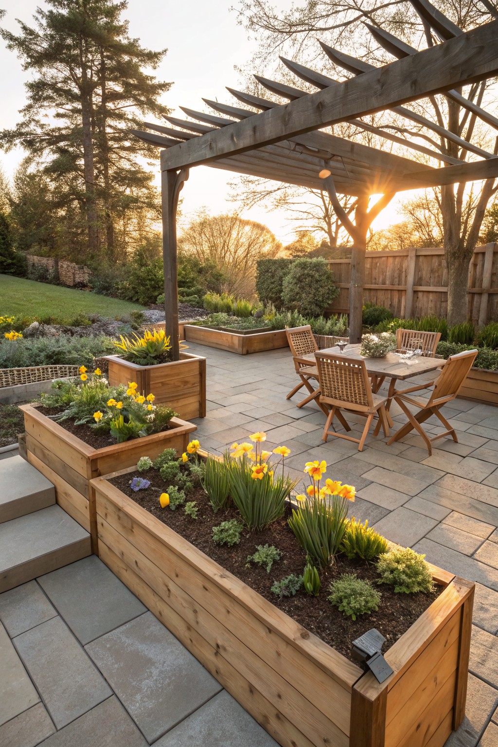 Paver stone patio with wooden dining table and four chairs under a pergola, surrounded by tall rectangular wooden planters filled with yellow daffodils, green foliage, and other plants in a backyard garden setting at sunset.