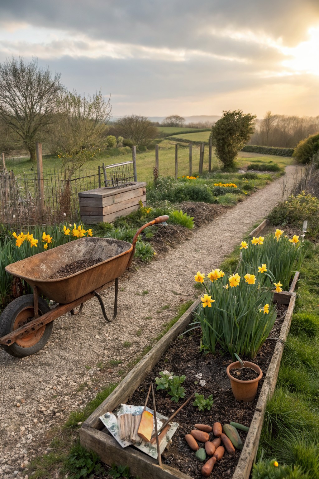 Gravel path through a garden with raised wooden beds planted with yellow daffodils and emerging vegetables, a rusty wheelbarrow filled with soil nearby, wooden crate, and tools in the foreground beds, surrounded by fields and trees at sunset.