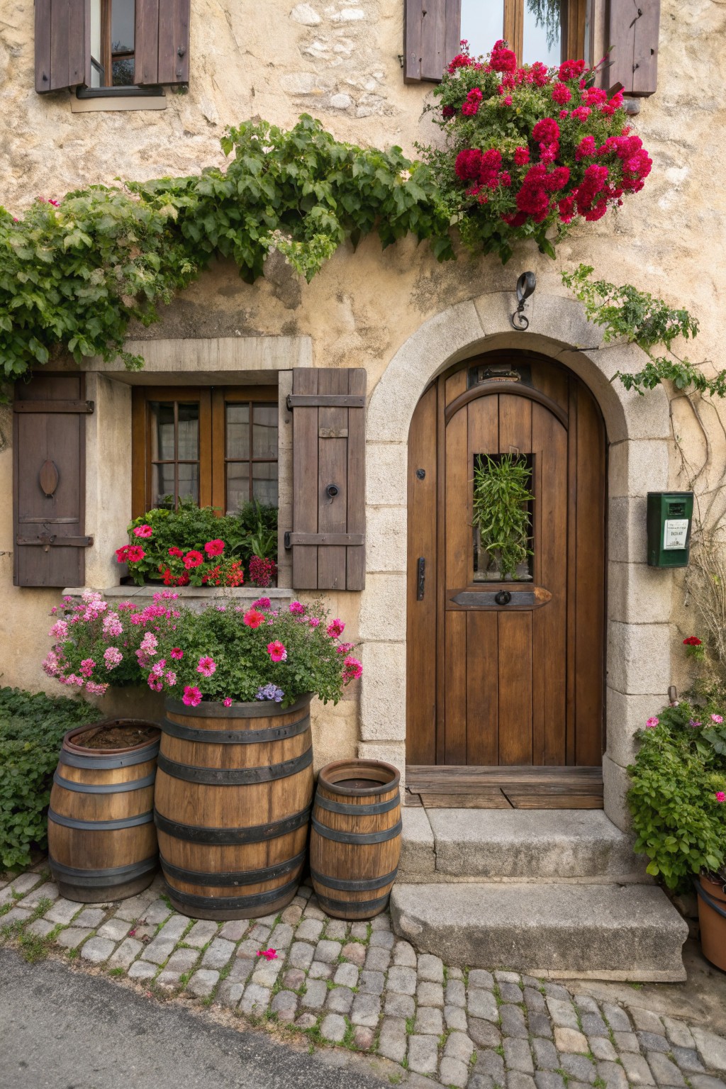 Rustic stone house facade with arched wooden door, wooden shutters on windows with flower boxes, hanging red flower baskets, green ivy, and multiple wooden barrel planters filled with pink flowers beside stone entry steps on a cobblestone path.