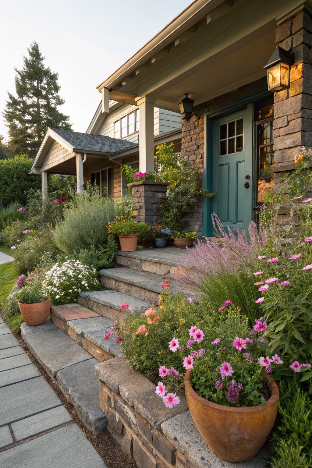 Stone steps leading to a turquoise front door on a house exterior, bordered by flower beds with pink flowers, tall grasses, potted plants in terracotta, and surrounding greenery under evening light.