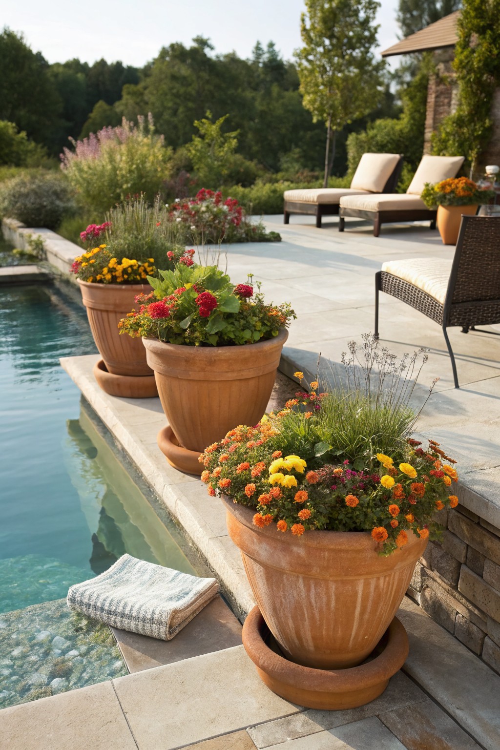 Large terracotta pots filled with vibrant yellow, orange, red, and pink flowers line the stone edge of a turquoise swimming pool, with a folded towel draped nearby and lounge chairs on an adjacent patio amid greenery.
