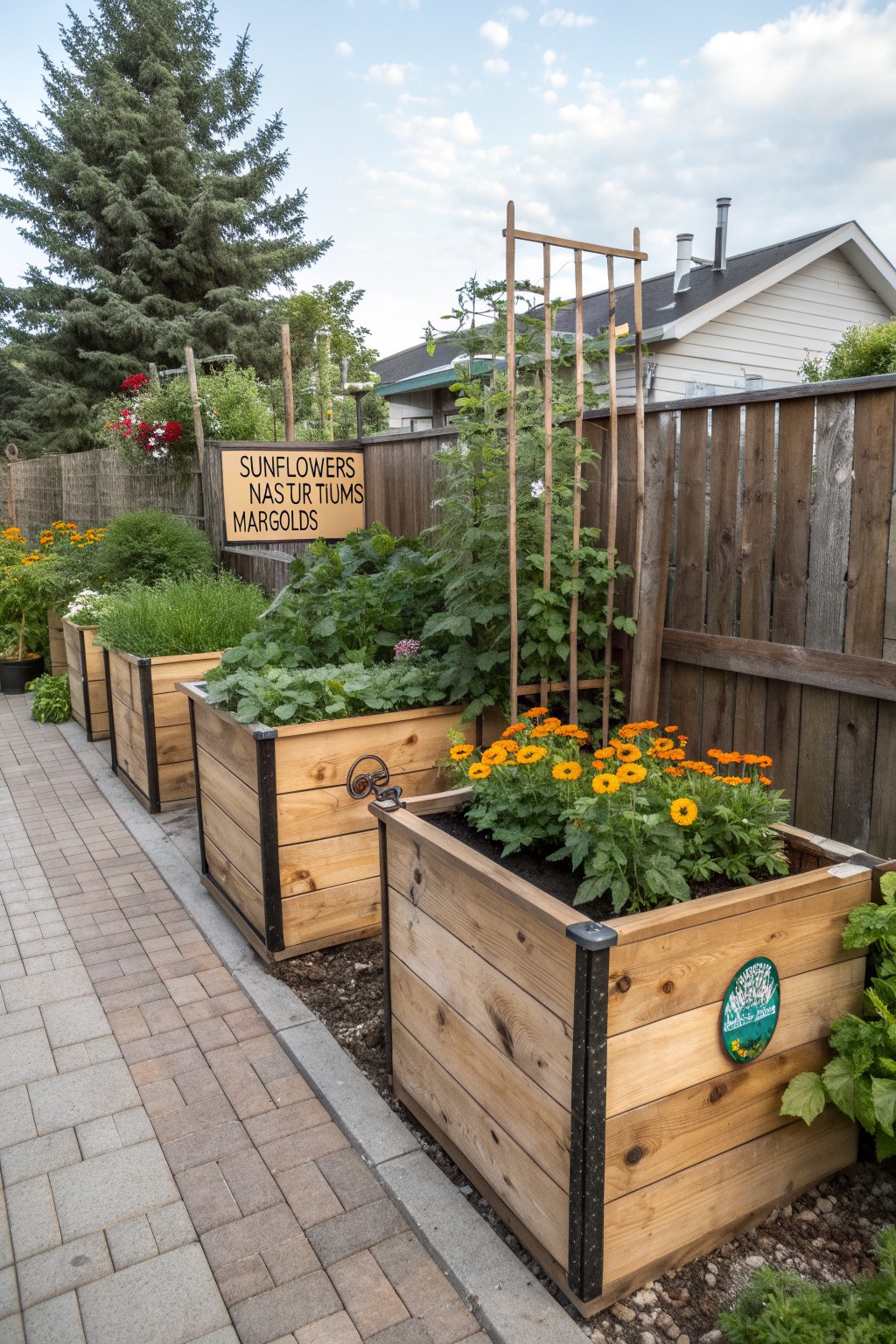 Row of wooden raised garden beds along a brick paver path, planted with marigolds, nasturtiums, sunflowers, and greens next to a wooden fence and house exterior.