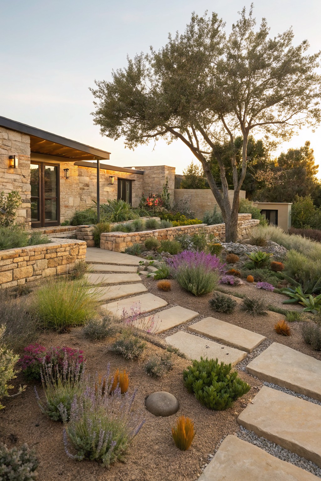 Winding path of large rectangular stone pavers set irregularly in gravel mulch amid drought-tolerant plants including purple lavender, orange grasses, and green succulents, leading to a stone house wall under a large tree at dusk.