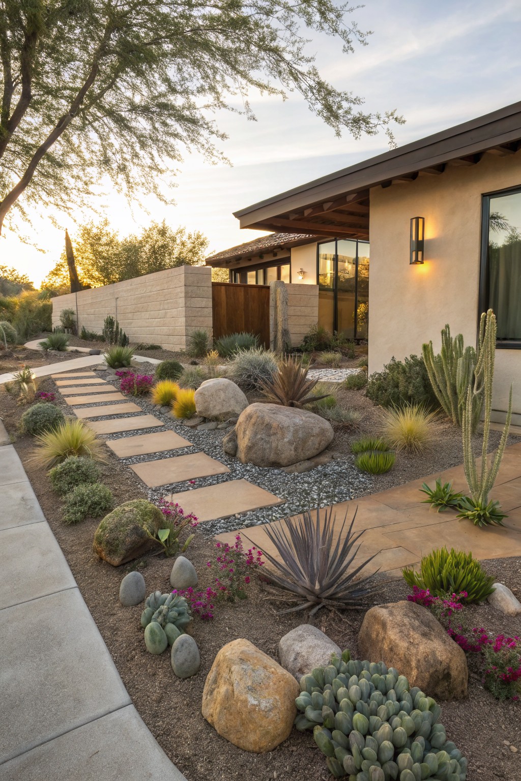 Wide tan stepping stones set in gravel form a curving pathway bordered by large boulders, succulents, cacti, agaves, and yucca plants next to a modern beige stucco house wall under evening light.