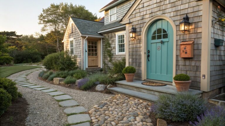 Shingled house exterior with turquoise arched front door and wooden address post numbered 320, approached by curved gravel path bordered by smooth rounded river rocks amid low shrubs and perennials.