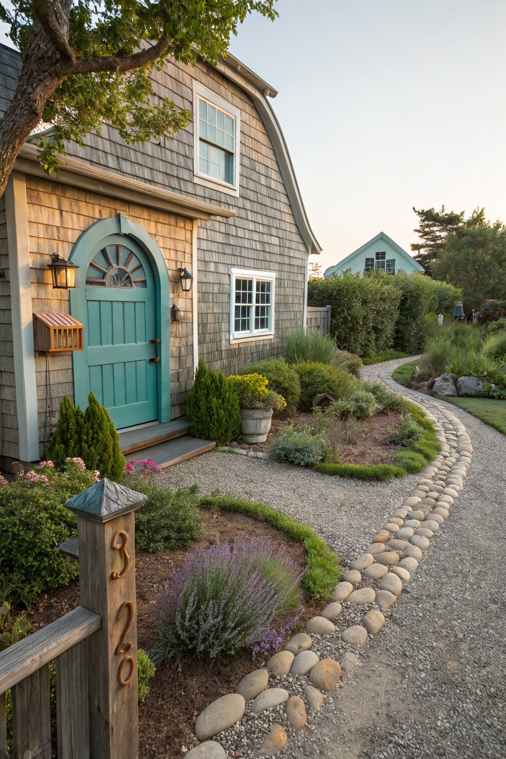 Shingled house exterior with turquoise arched front door and wooden address post numbered 320, approached by curved gravel path bordered by smooth rounded river rocks amid low shrubs and perennials.