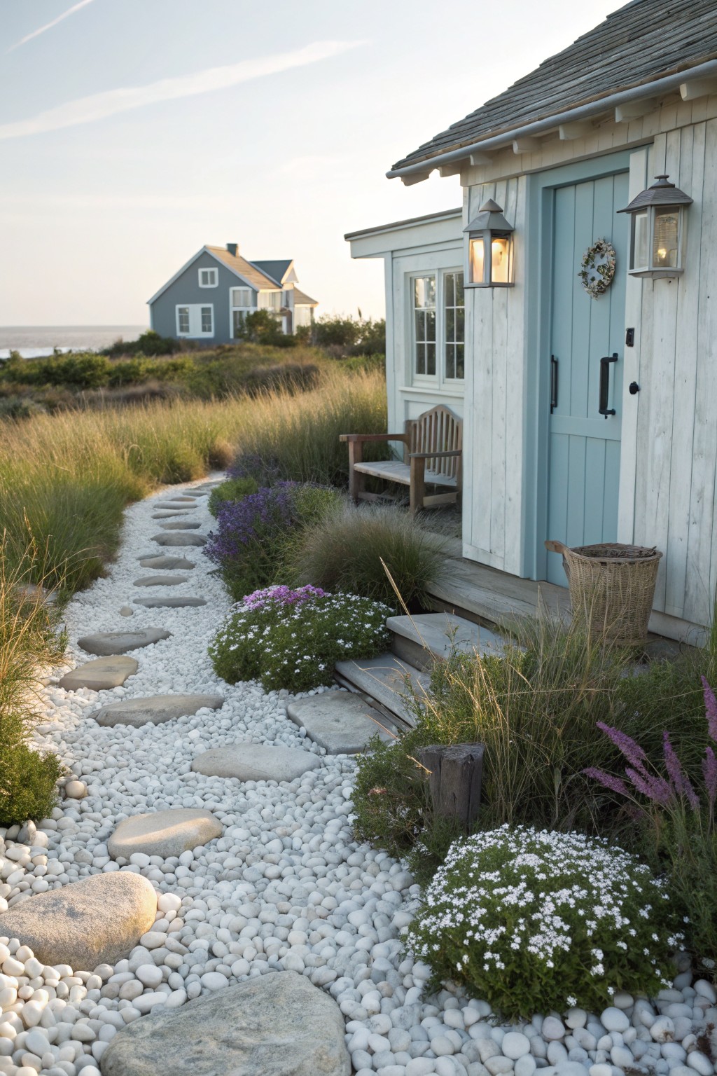 Winding path of irregular flat stepping stones set in white pebbles surrounded by ornamental grasses and flowers leading to a small weathered wood shed with blue door and lantern lights.