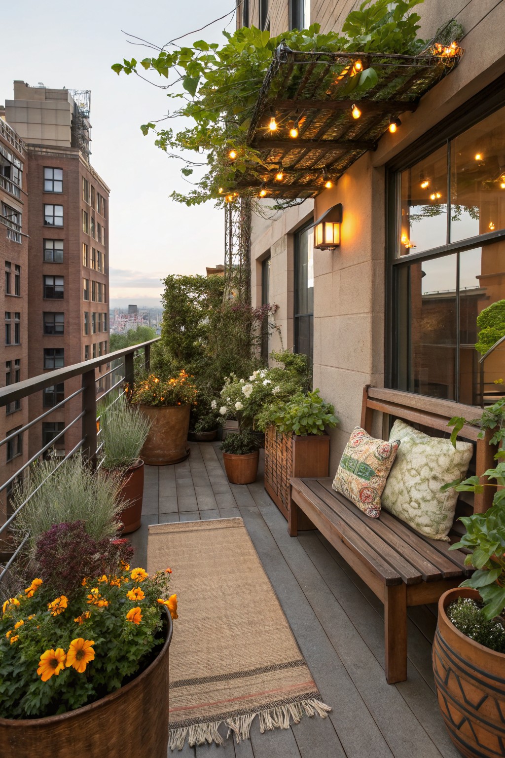 A city balcony deck with a wooden bench and cushions, surrounded by large potted plants including orange daylilies, greenery, vines on a trellis with string lights, and tall buildings nearby.
