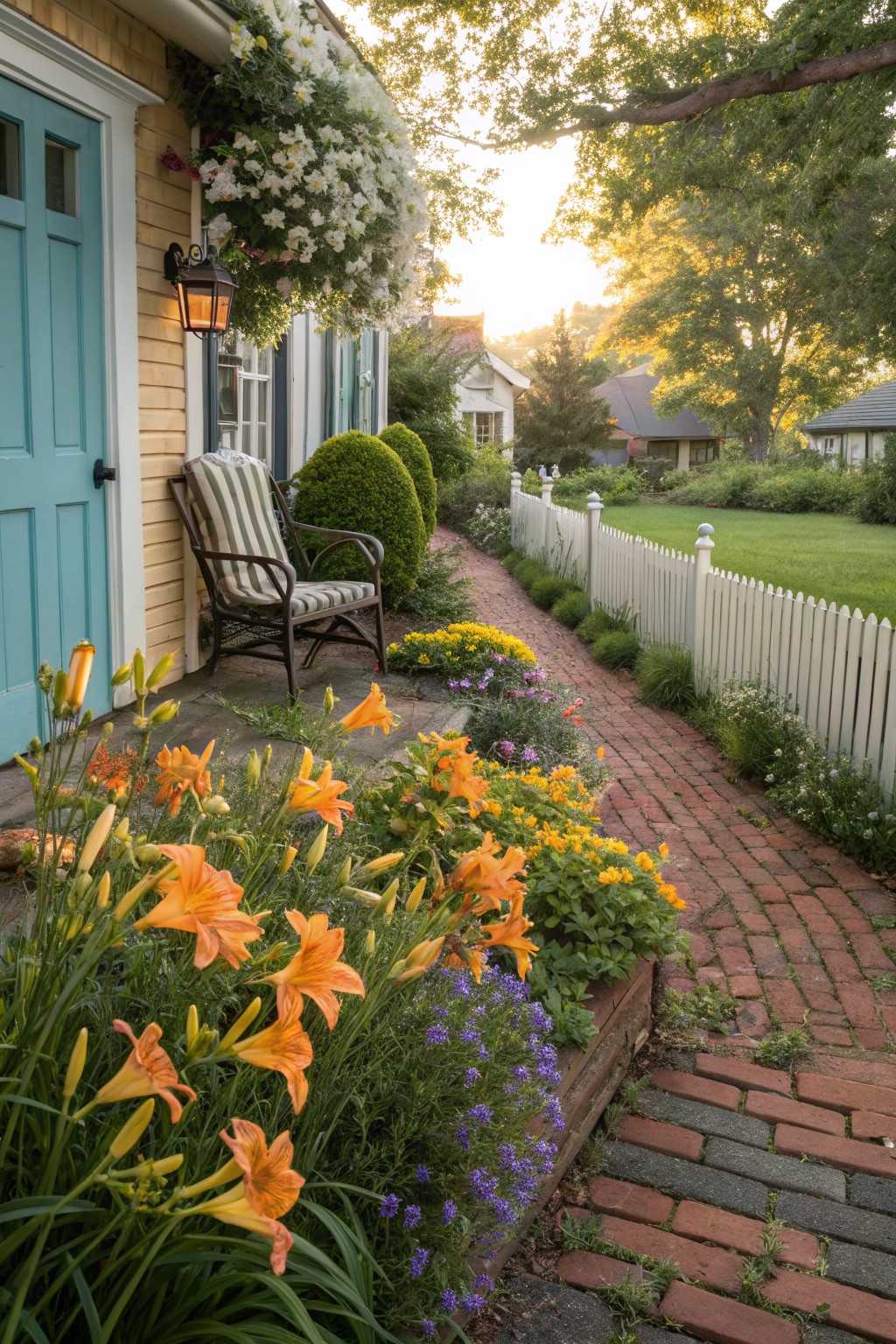 Brick pathway edged with clusters of orange daylilies and other flowers next to a yellow shingled house with turquoise door, striped chair on stoop, white picket fence, and green lawn in background.