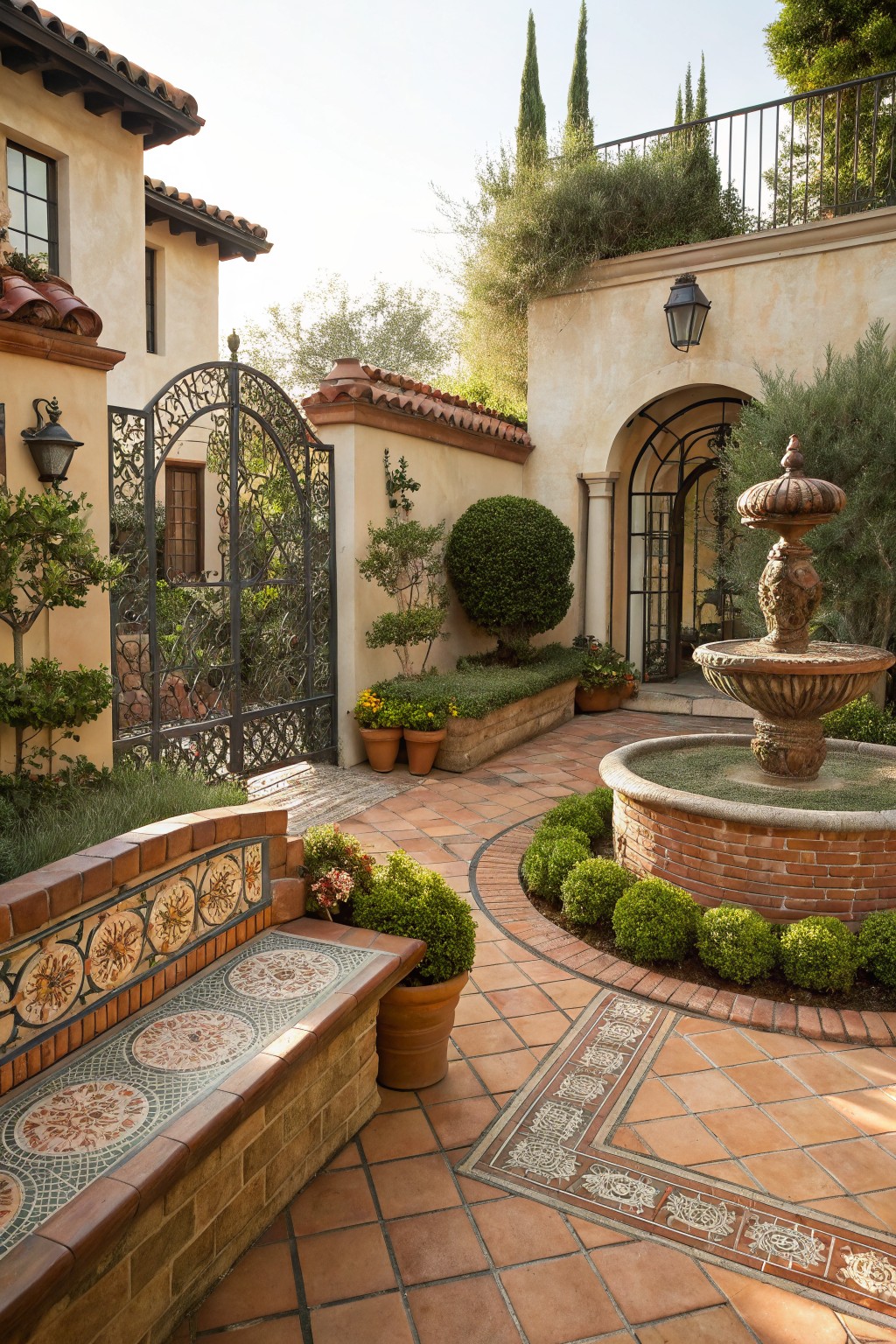 Stone fountain in circular brick basin at center of tiled courtyard with boxwood shrubs, potted plants, wrought-iron gate, arched doorway, and bench with mosaic tiles against stucco walls.