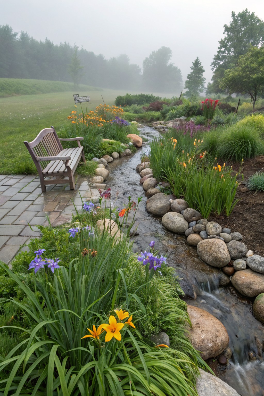Misty garden scene with a wooden bench on stone pavers beside a winding stream lined with large rocks and bordered by yellow daylilies, purple irises, grasses, and other perennials.