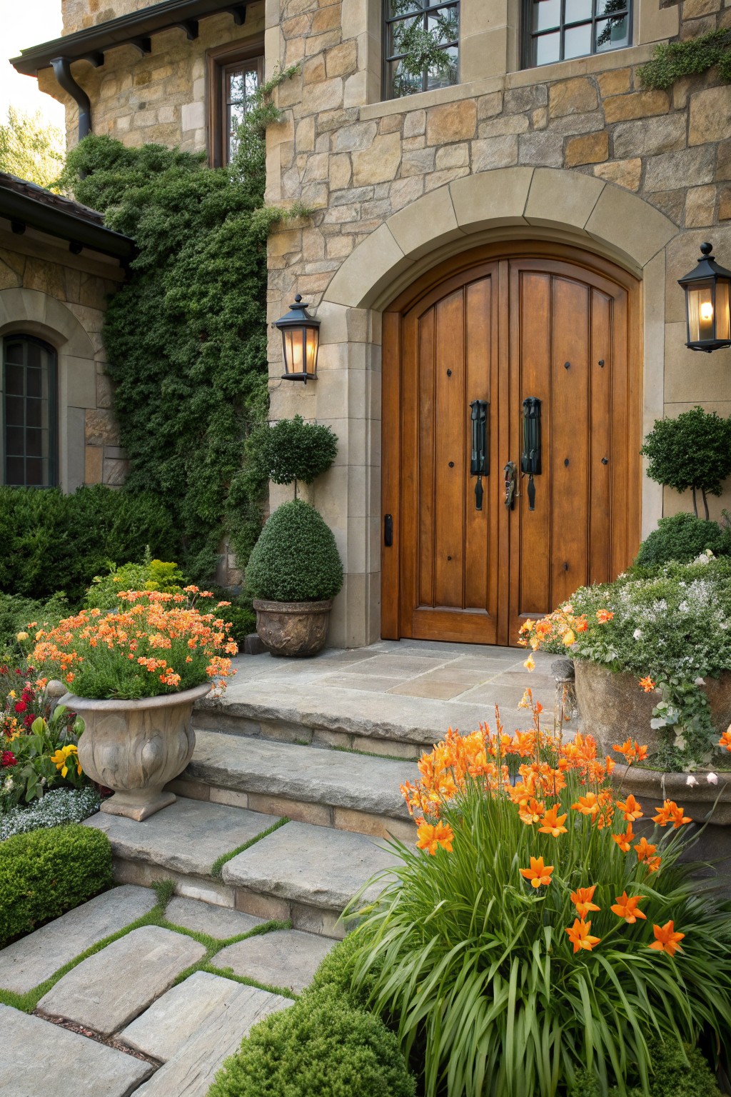 Stone house front entrance with arched wooden double doors, stone steps, lanterns, topiary shrubs, and orange daylilies in pots and beds surrounded by green plantings.