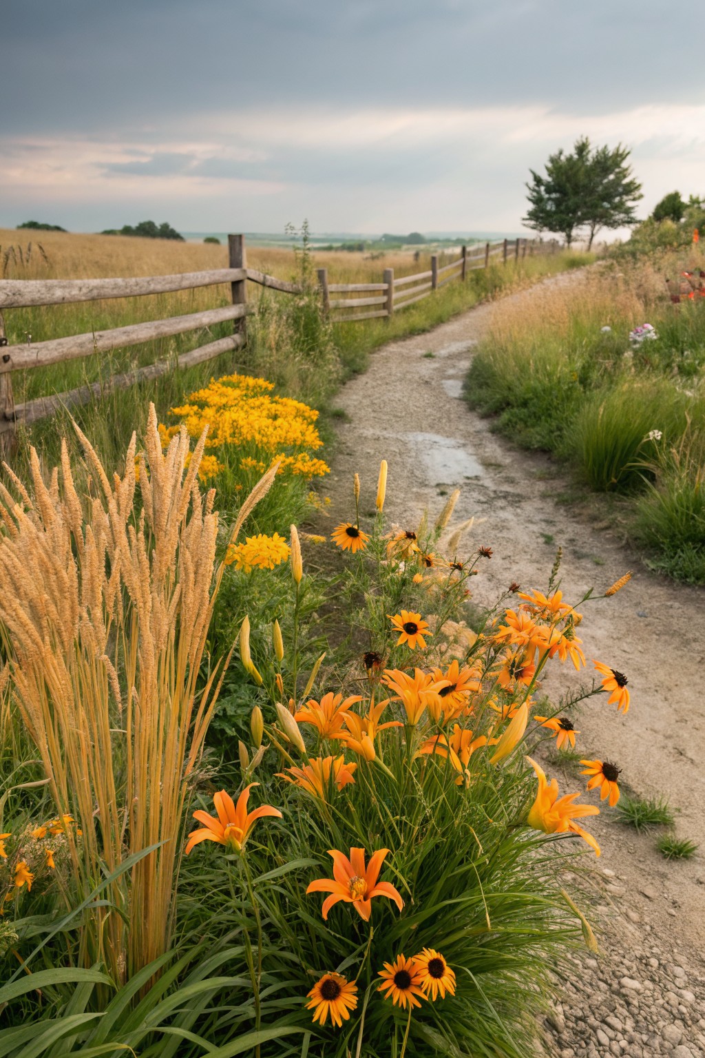 Dirt path winding through a field edged with orange daylilies, yellow black-eyed Susans, tall ornamental grasses, and a wooden split-rail fence under a cloudy sky.