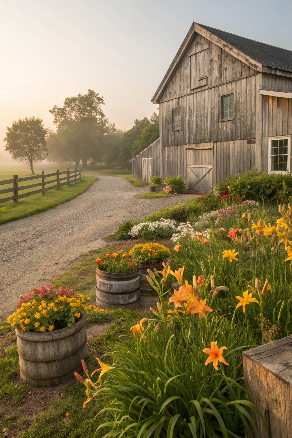Rustic wooden barn beside a gravel path lined with wooden barrel planters overflowing with orange daylilies, flower beds, split-rail fence, trees, and misty fields at sunrise.