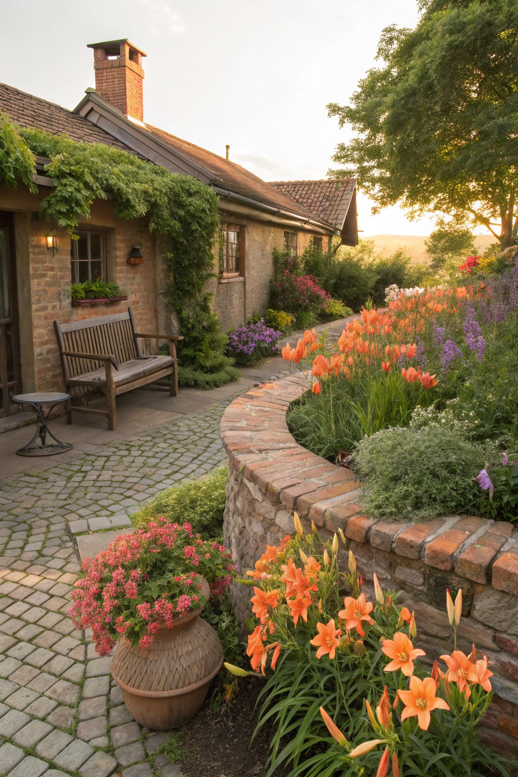 Rustic brick house with ivy on walls, wooden bench and side table on cobblestone patio next to curved brick-edged flower bed with orange daylilies, other plants, and path leading to house entrance at sunset.
