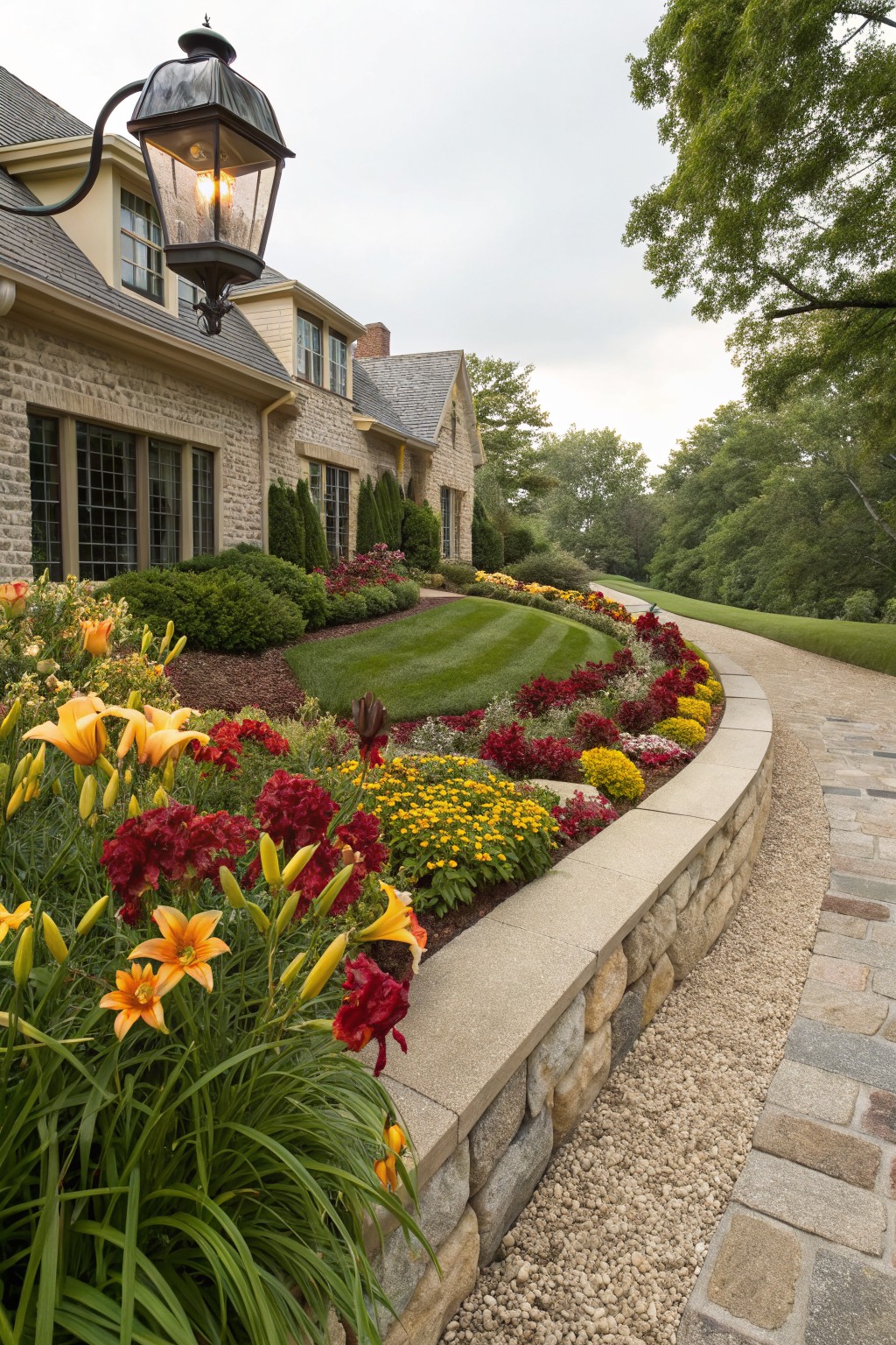 Curved stone retaining wall lined with dense plantings of yellow, orange, and red daylilies along a gravel and stone path beside a stone house exterior under a lantern light.
