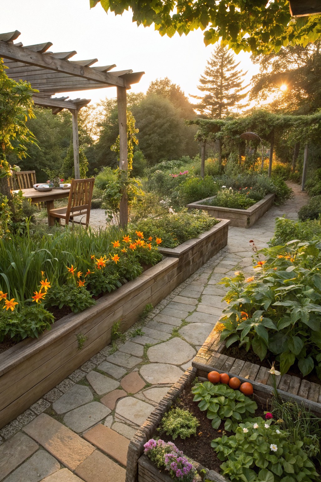 Stone paver garden path bordered by wooden raised beds planted with orange daylilies, vegetables, herbs, and flowers, leading toward a wooden pergola with table and chairs amid greenery at sunset.