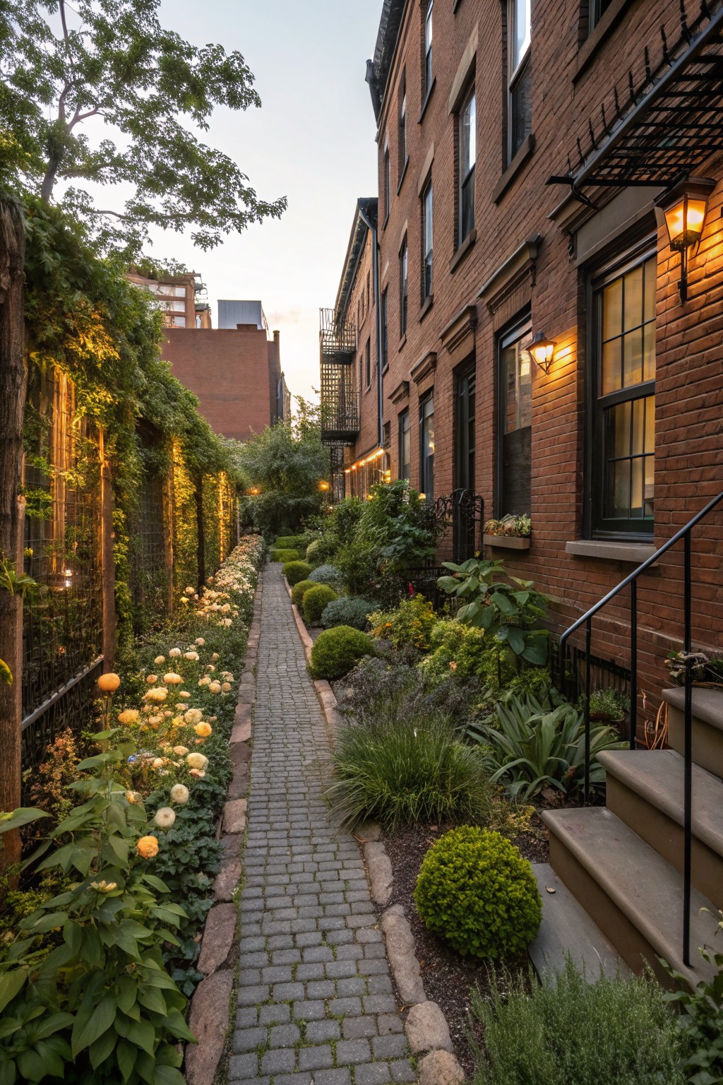 Narrow cobblestone path lined with clusters of yellow daylilies and various green plants between tall brick buildings with lanterns and vine-covered fences.