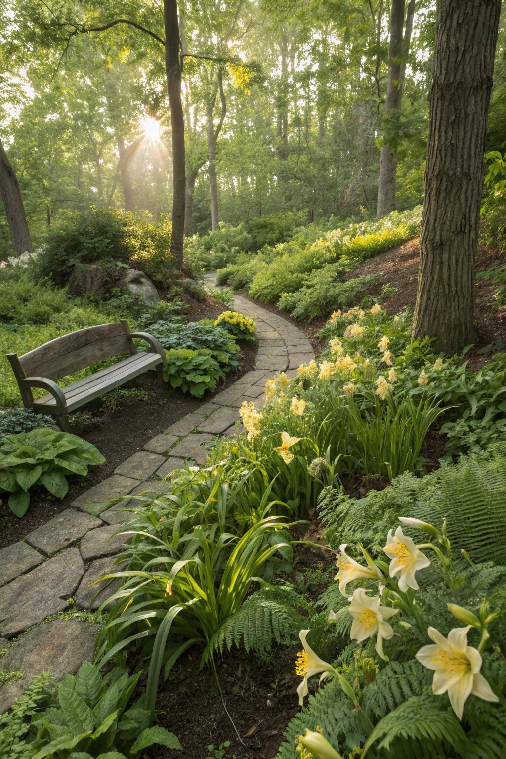 A winding flagstone path curves through a lush woodland garden bed planted with yellow daylilies, ferns, hostas, and other green foliage, leading past a wooden bench toward denser trees in morning sunlight.