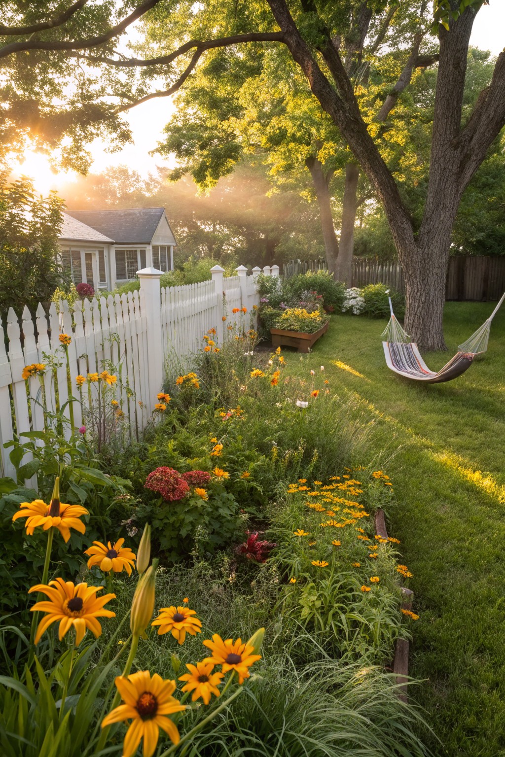 White picket fence edged with orange daylilies and mixed flowers in a sunny garden, hammock hanging from tree trunk nearby, small house in background.