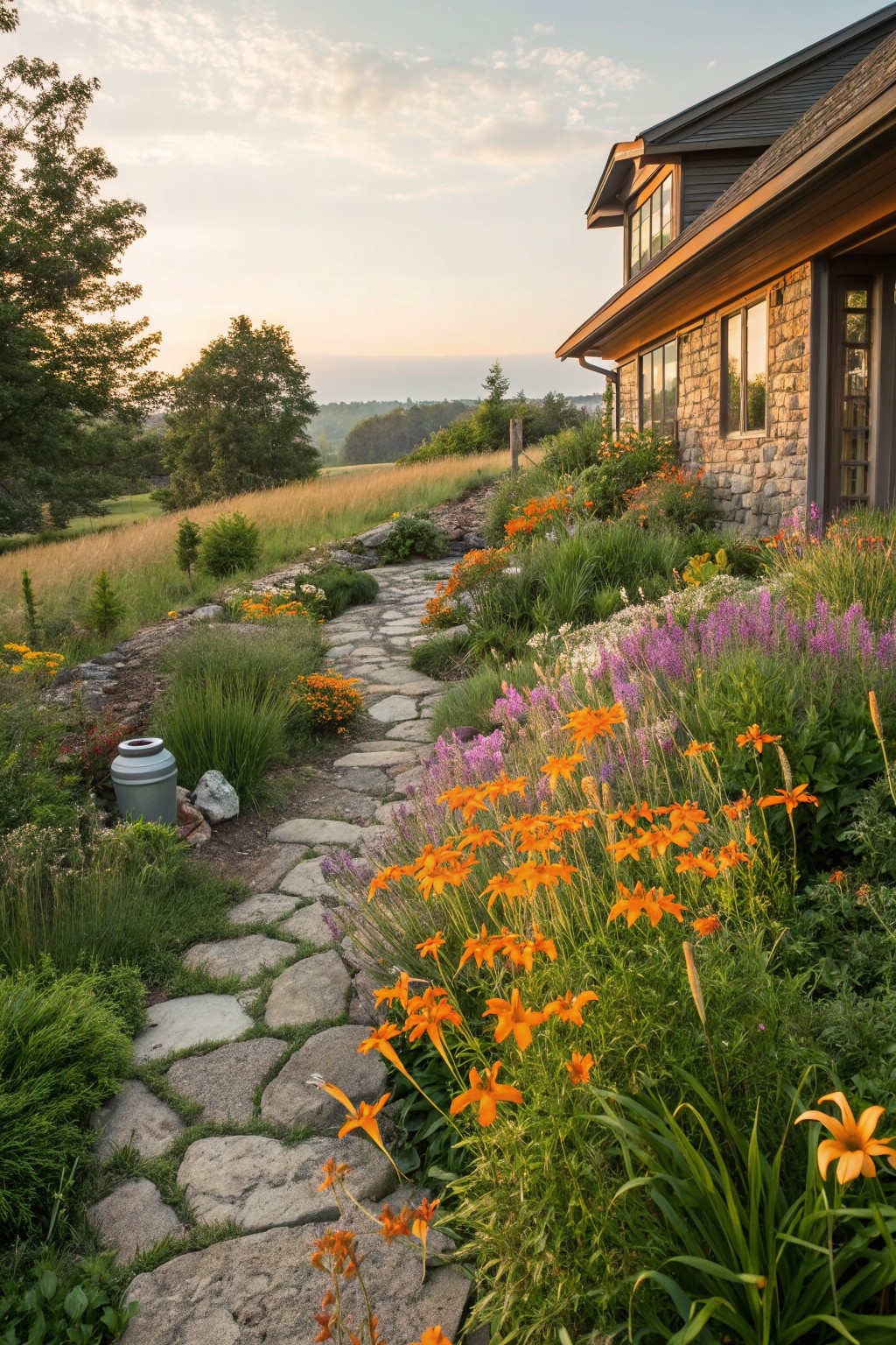 Winding flagstone path edged with orange daylilies, purple flowers, grasses, and shrubs leading to a stone and wood house exterior surrounded by fields at sunset.