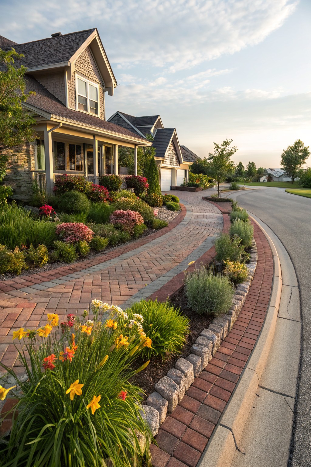 Curved brick pathway edged with yellow daylilies, green shrubs, and stone borders leading from street to a beige house with garage and porch in a suburban neighborhood at dusk.