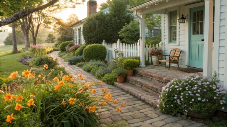 Brick pathway edged with clusters of orange daylilies and other flowers next to a yellow shingled house with turquoise door, striped chair on stoop, white picket fence, and green lawn in background.