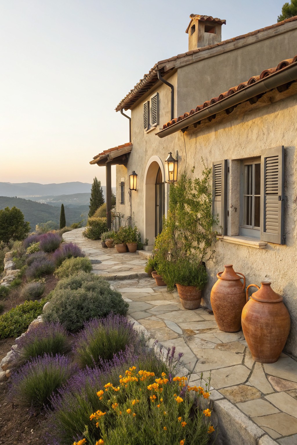 Stucco house with terracotta tile roof and wooden door, approached by irregular stone pathway lined with lavender shrubs, potted plants, and large terracotta jars against a hillside landscape at dusk.