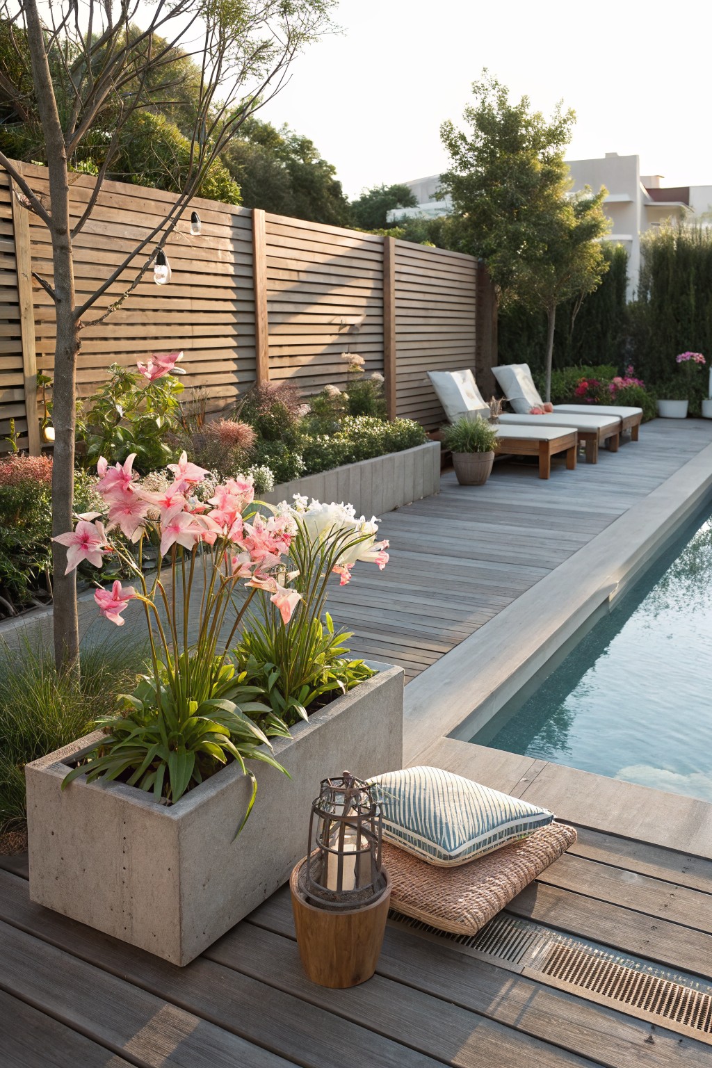 Wooden deck alongside an infinity-edge pool edged in concrete, featuring a large rectangular concrete planter with pink daylilies and green foliage, nearby lanterns, cushions, potted plants, lounge chairs, garden beds, and wooden fencing.